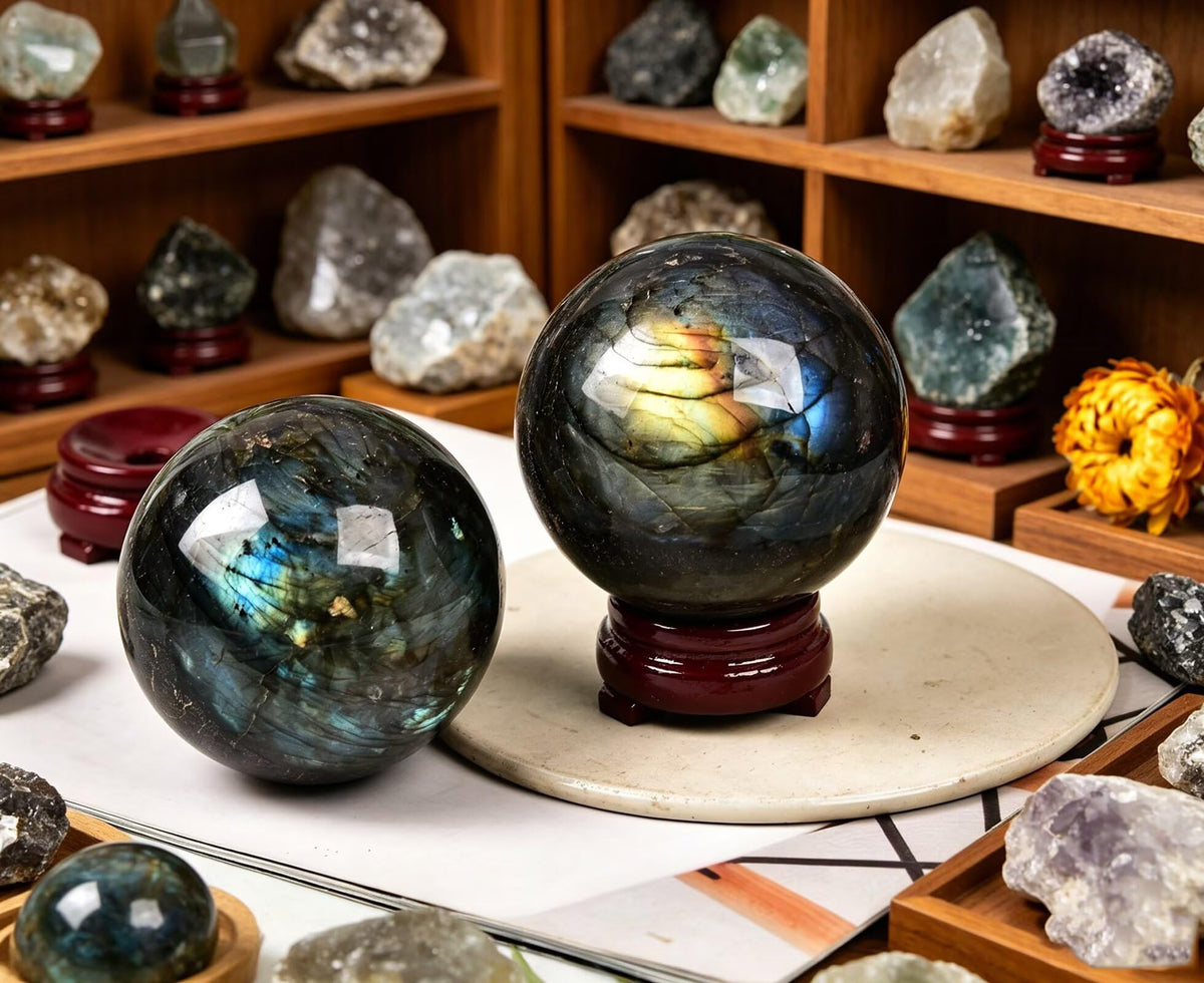 VIZYTOU Natural Blue Labradorite Stone Sphere Polished Rock Ball Healing Crystal Sphere with Stand for Reiki Meditation Home Decor Chakra Balancing Witchcraft 60-70MM/2.3-2.7"