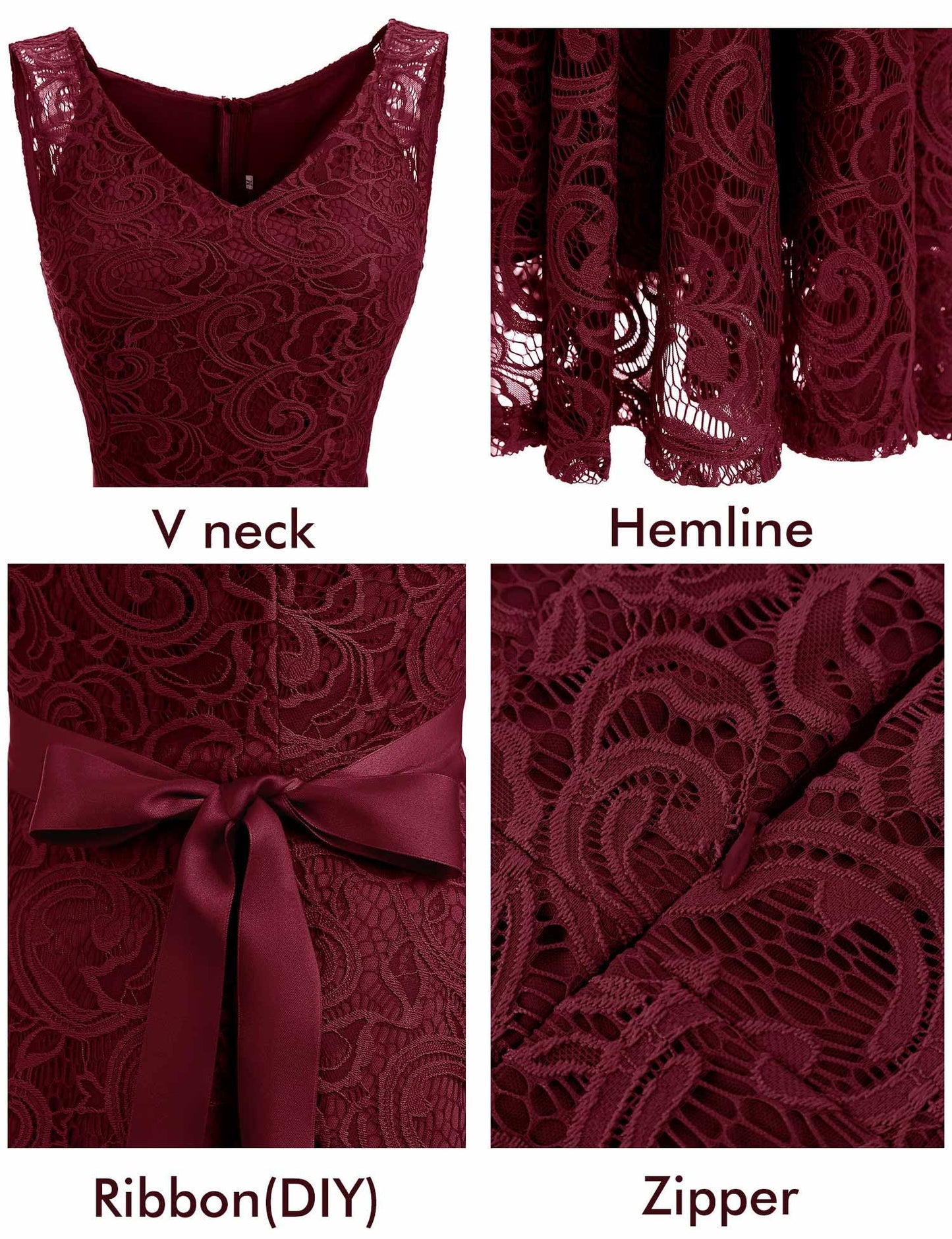 Dressystar 0010 Women Floral Lace Bridesmaid Party Dress Short Prom Dress V Neck Burgundy XXL