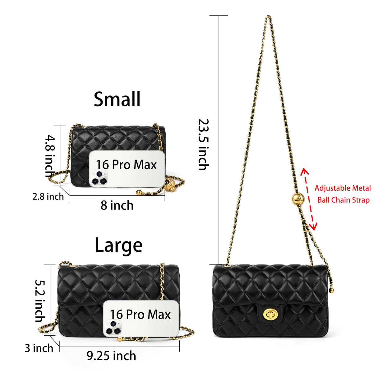 DORIS&JACKY Small Quilted Crossbody Purse for Women, Designer Lambskin Shoulder Cellphone Purse with Twist Lock and Chain Strap (Black)