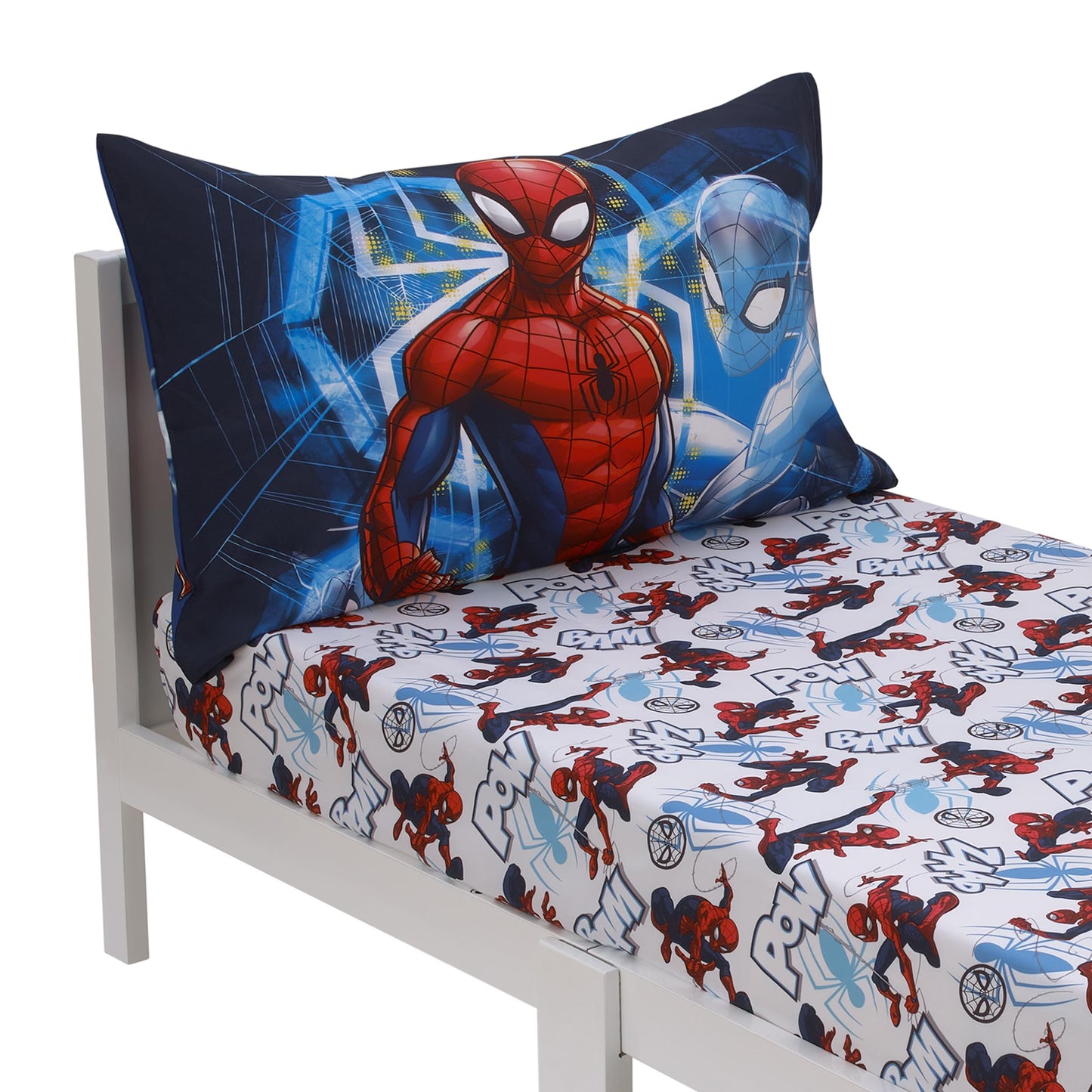 NoJo Marvel Spider-Man to The Rescue Red, White, and Blue 2 Piece Toddler Sheet Set - Fitted Crib Sheet, and Reversible Pillowcase