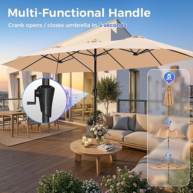 SUPERJARE 15FT Outdoor Umbrella for Patio, Double sided Pool Umbrellas with Fade Resistant Canopy, Large Table Umbrella for Deck, Market, Backyard - Beige