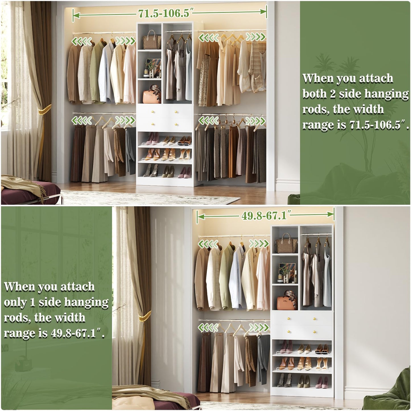 Besiost Closet System, 4.2–8.8 FT Closet Organizer with 2 Wooden Drawers and Shelves, Walk-in Closet System with 5 Hang Rods, Built-in Reach in Closet Tower, Can Fit 60 to 96 inch, White