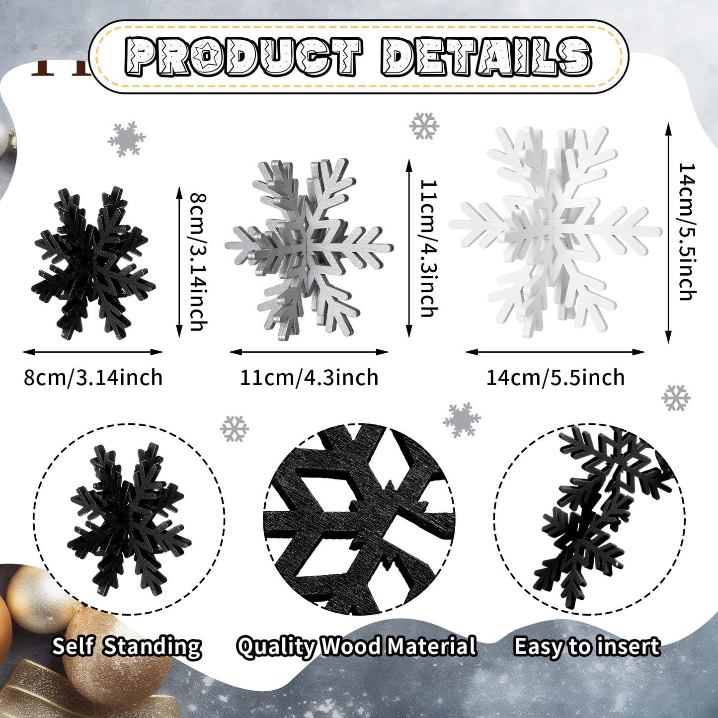 Bucherry 12 Pcs Wooden Snowflake Table Decor 3D Snowflake Tabletop Signs and Centerpiece for Christmas Xmas Winter Wonderland Decorations Home Party(White, Gray, Black)