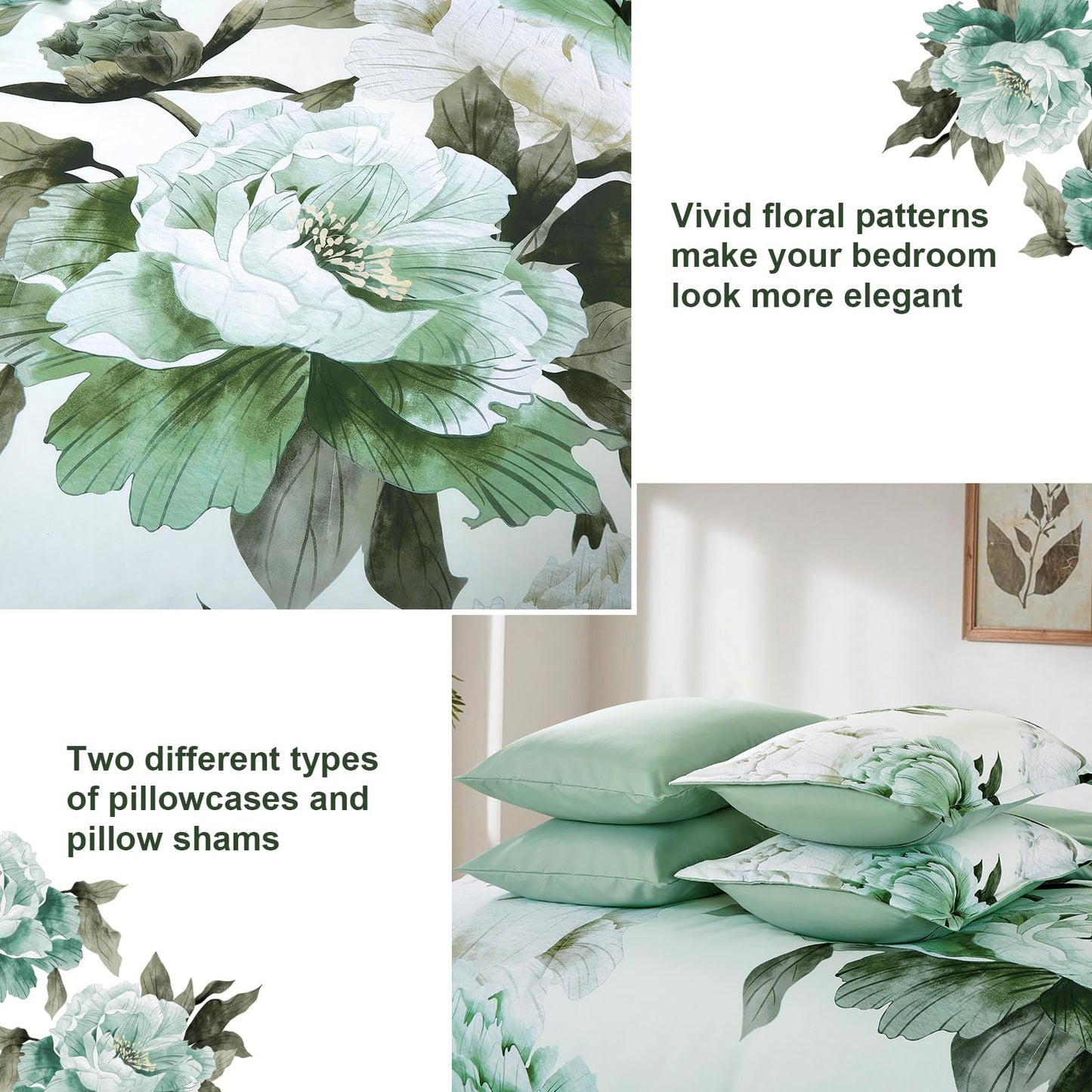 Dobuyly Green Queen Comforter Set 7 Piece Bed in a Bag Queen, Sage Green Floral Printed Comforter Set with Sheets, Soft Microfiber Botanical Flower Complete Bedding Set for All Season