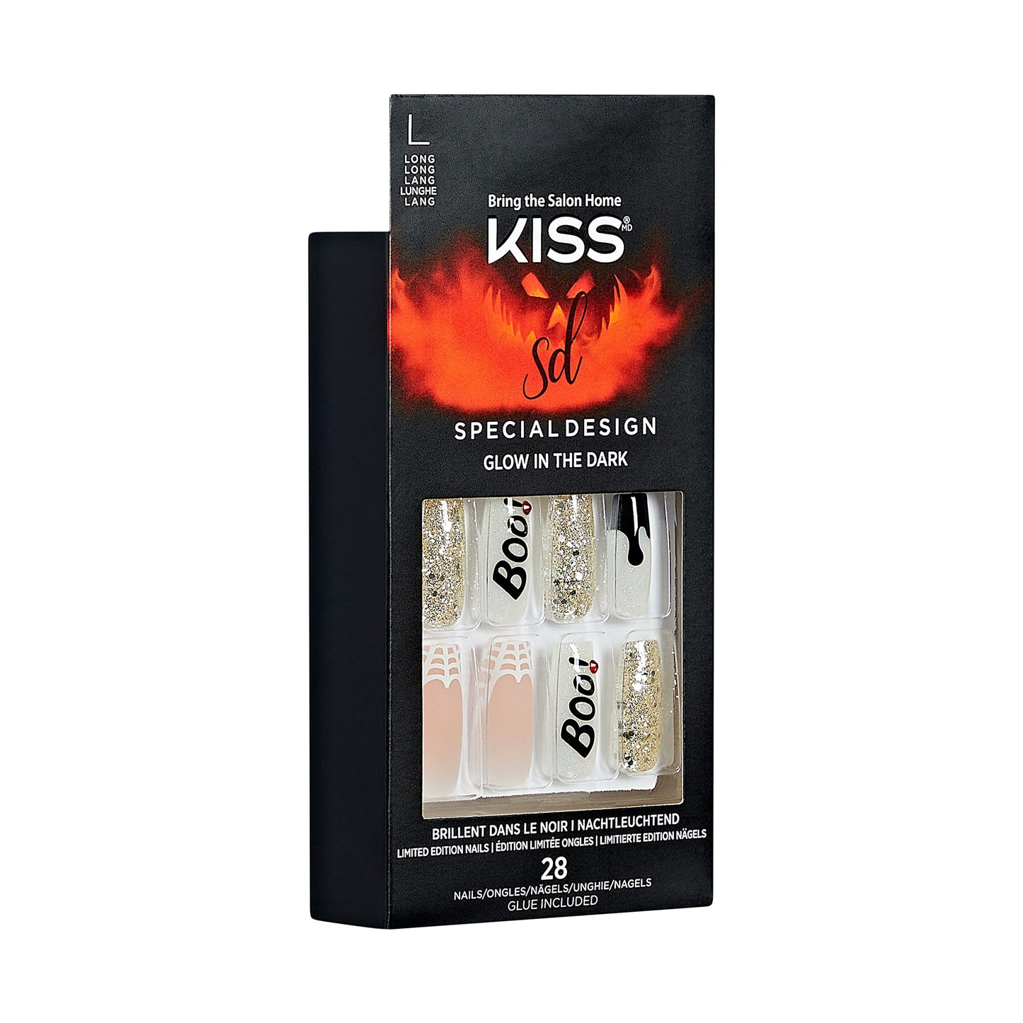 KISS Special Design Halloween Fake Nails, Glow-In-The-Dark, Style ‘Party Till I Die’, with Pink Gel Nail Glue, Mini Nail File, Manicure Stick, & 28 False Nails