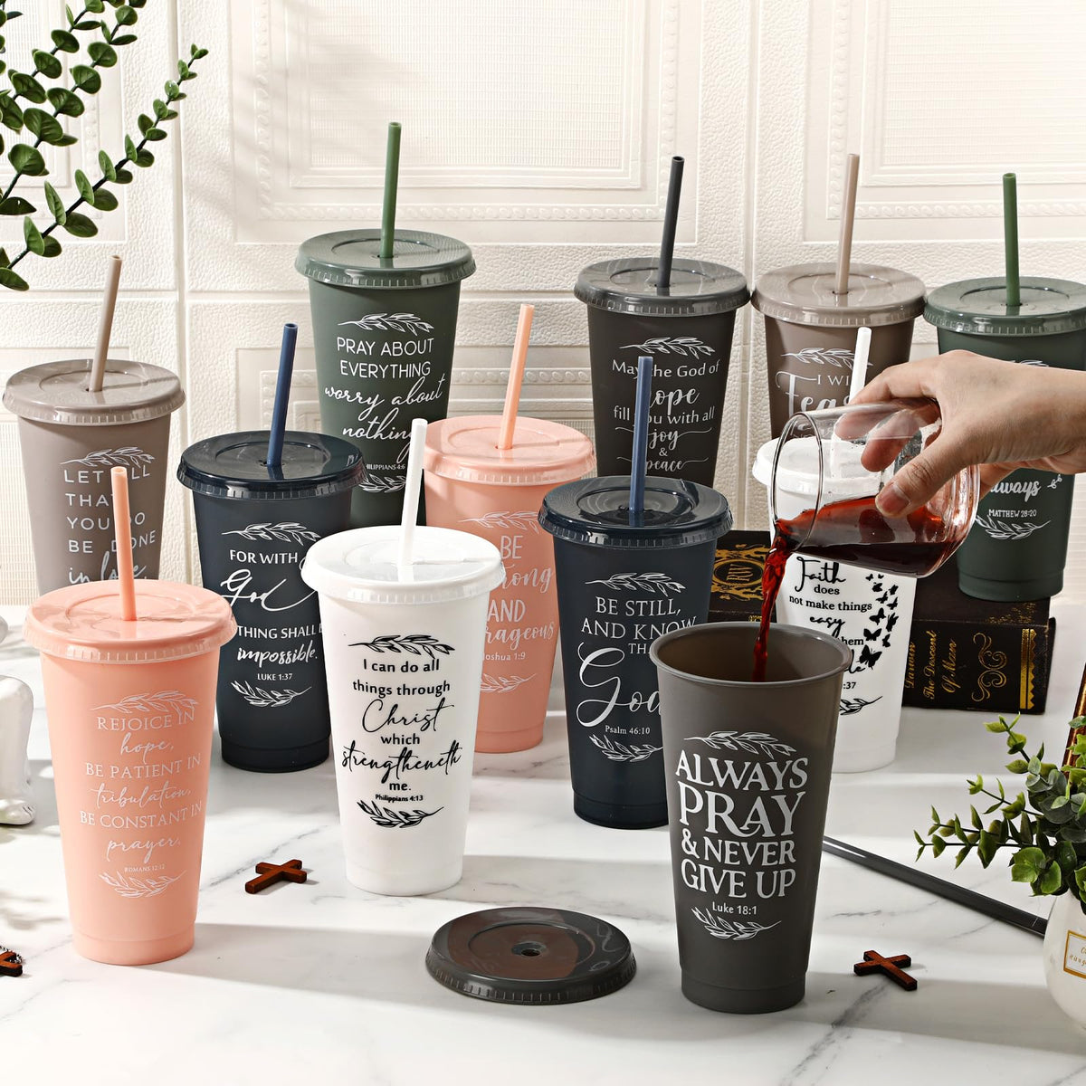 Havawish 24 Pcs Christian Tumbler Gifts Bulk Religious Inspirational 24 oz Drinking Jesus Cup with Lid Straw Bible Verse Plastic Cup for Church Mother Father First Communion Party (Vivid Color)
