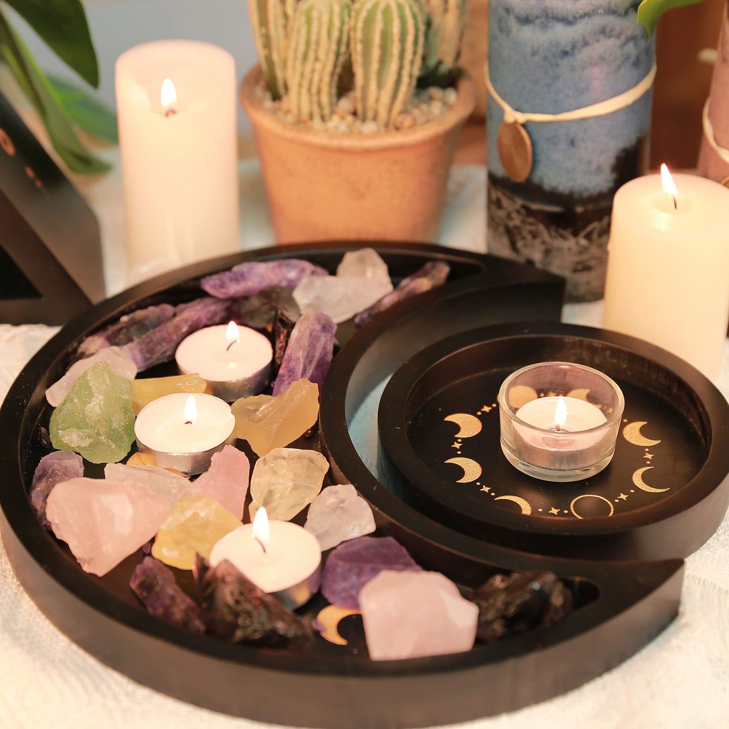 Moon Tray Crystal Holder Set, Wood Moon Phase Crystal Tray for Stones Display with Brown Tarot Card Holder, Witchcraft Crystal Organizer Bowl, Wiccan Altar Supplies