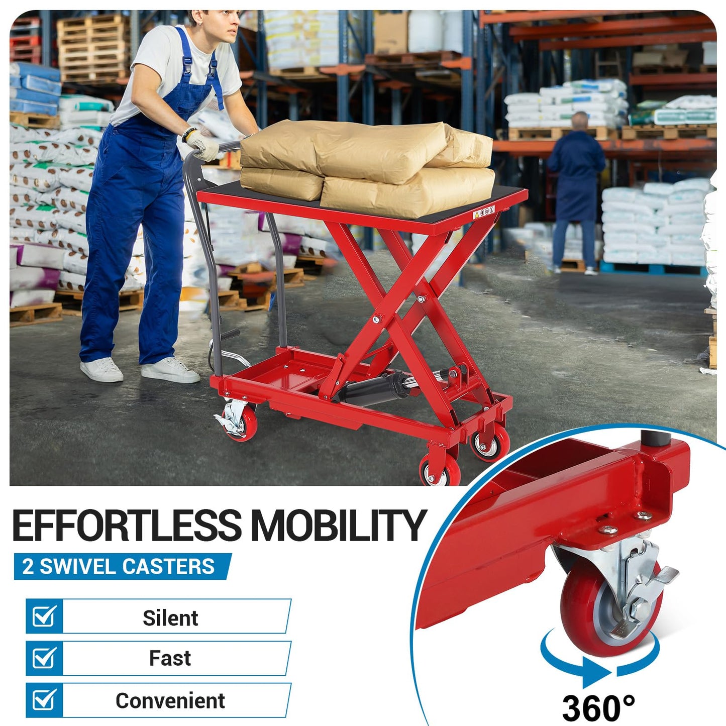 Garvee Hydraulic Lift Table Cart, 1100 LBS Capacity 35.4 in Lifting Height, Single Scissor Lift Table with 4 Wheels and Non-Slip Pad for Material Handling and Transportation, Red