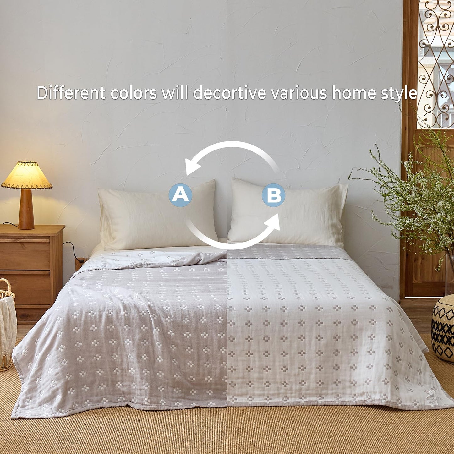 STASOPTK 100% Cotton Muslin Blanket, Soft Reversible 4-Layer Gauze Cotton Quilt,Checkered Blanket for Couch Twin Size Bedspread Room Decor Pinic Blanket, 60"×80", Grey/Off White