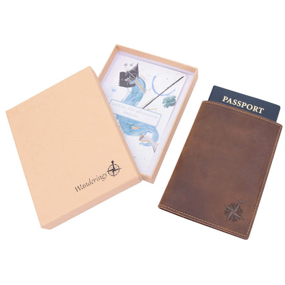 WANDERINGS Leather Travel Wallet with Passport Holder - 11x14 cm - Genuine Leather Case with RFID Blocking for Men and Women - Folding Wallet for Passports