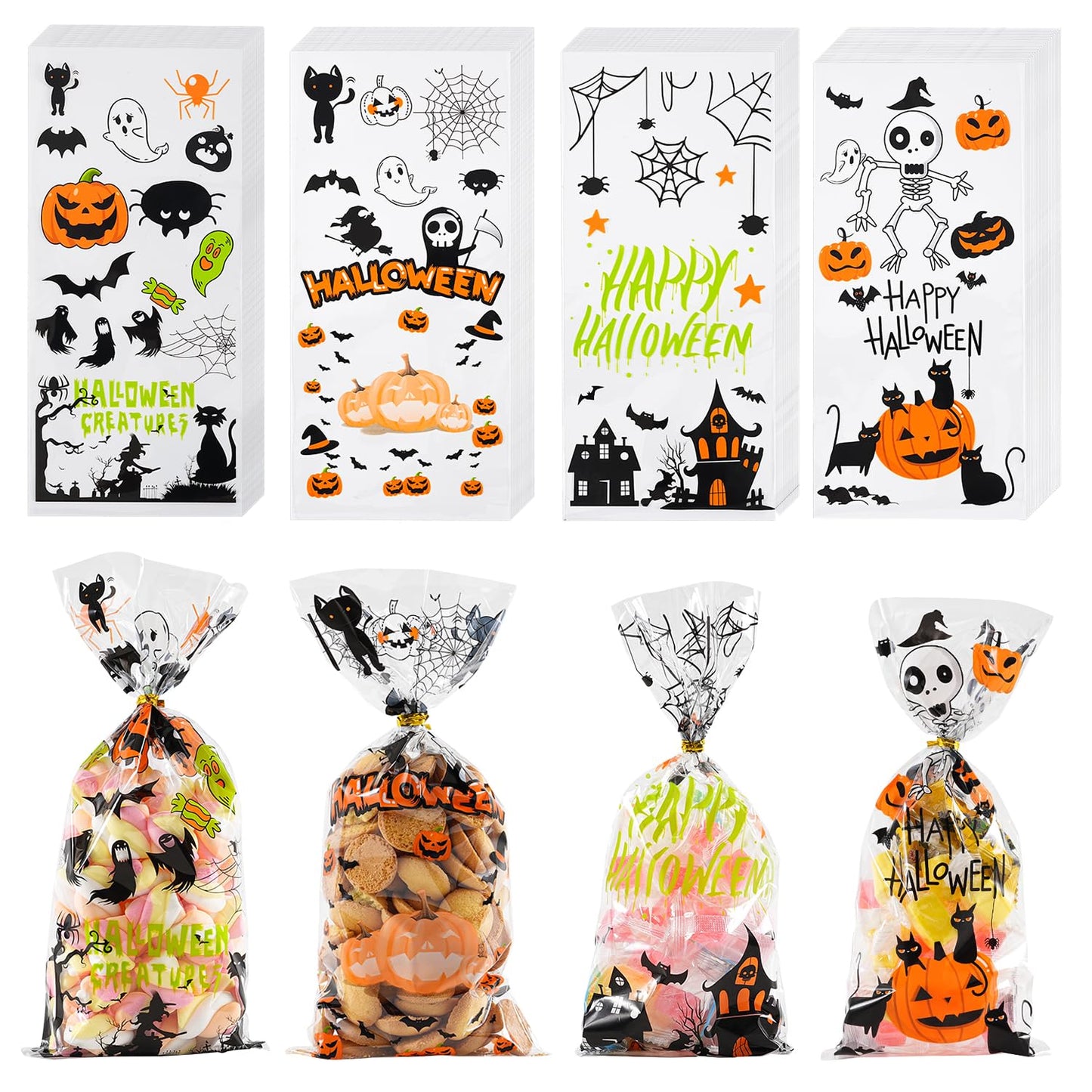 ONFAON Halloween Cellophane Treat Bags, 180pcs Halloween Trick or Treat Goody Gags with 200pcs Twists for Snacks Cookies Packing, Goodie Bags Party Supplies (10.8 * 4.9in)