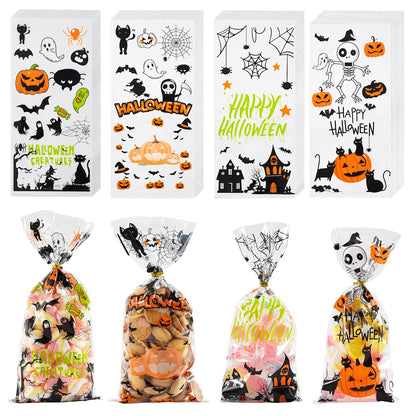 ONFAON Halloween Cellophane Treat Bags, 180pcs Halloween Trick or Treat Goody Gags with 200pcs Twists for Snacks Cookies Packing, Goodie Bags Party Supplies (10.8 * 4.9in)
