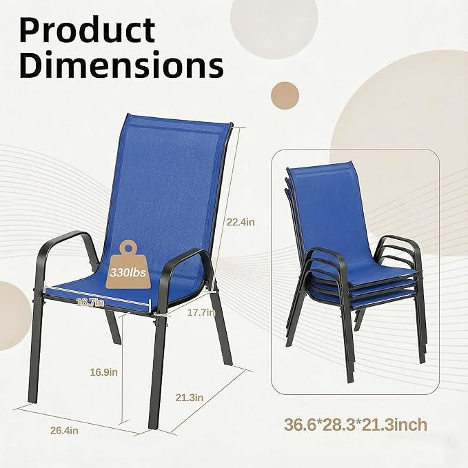 MAMIZO Patio Dining Chairs, Stackable All Weather Teslin Chair, Heavy Duty Outdoor Breathable Chairs Set, w/Armrests, Upgraded Chair FeetW/Strenthened Iron Spacers, 330 LBS (4, Navy Blue)