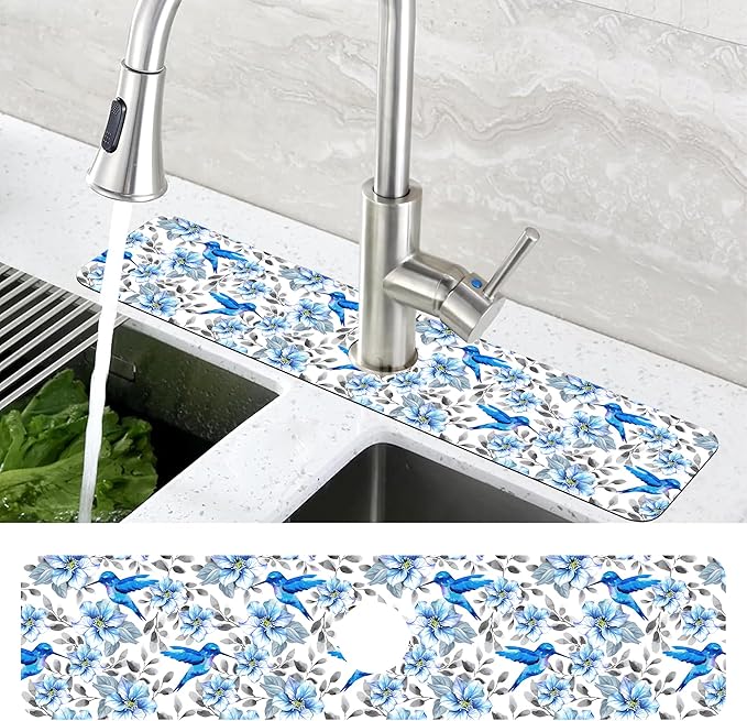 Kitchen Sink Splash Guard Faucet Mat Blue Floral and Hummingbird Absorbent Fast
