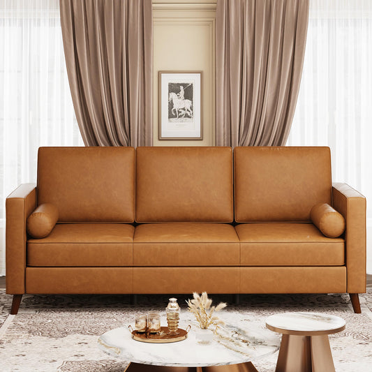 IDEALHOUSE 86" Faux Leather Sofa, Mid Century Modern Deep Seat Couch, Leather Couch with Upholstered Cushion&Removable Cover, 3 Seat Sofa for Living Room, Office, Cognac Tan