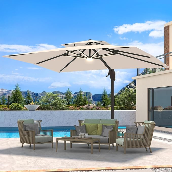10 X 13 FT Cantilever Patio Umbrella with LED Lights Outdoor Heavy Duty Double Top Windproof Rectangle Offset Umbrellas with 360-degree Rotation for Pool Deck Backyard, Beige