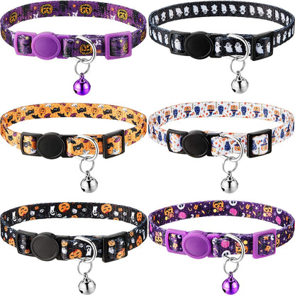 Weewooday 6 Pieces Halloween Cat Collar, Breakaway Cat Collars with Bell, Safety Buckle Soft Adjustable Pet Collar with Skull Pumpkin Patterns for Kitten Kitty Halloween Christmas Party