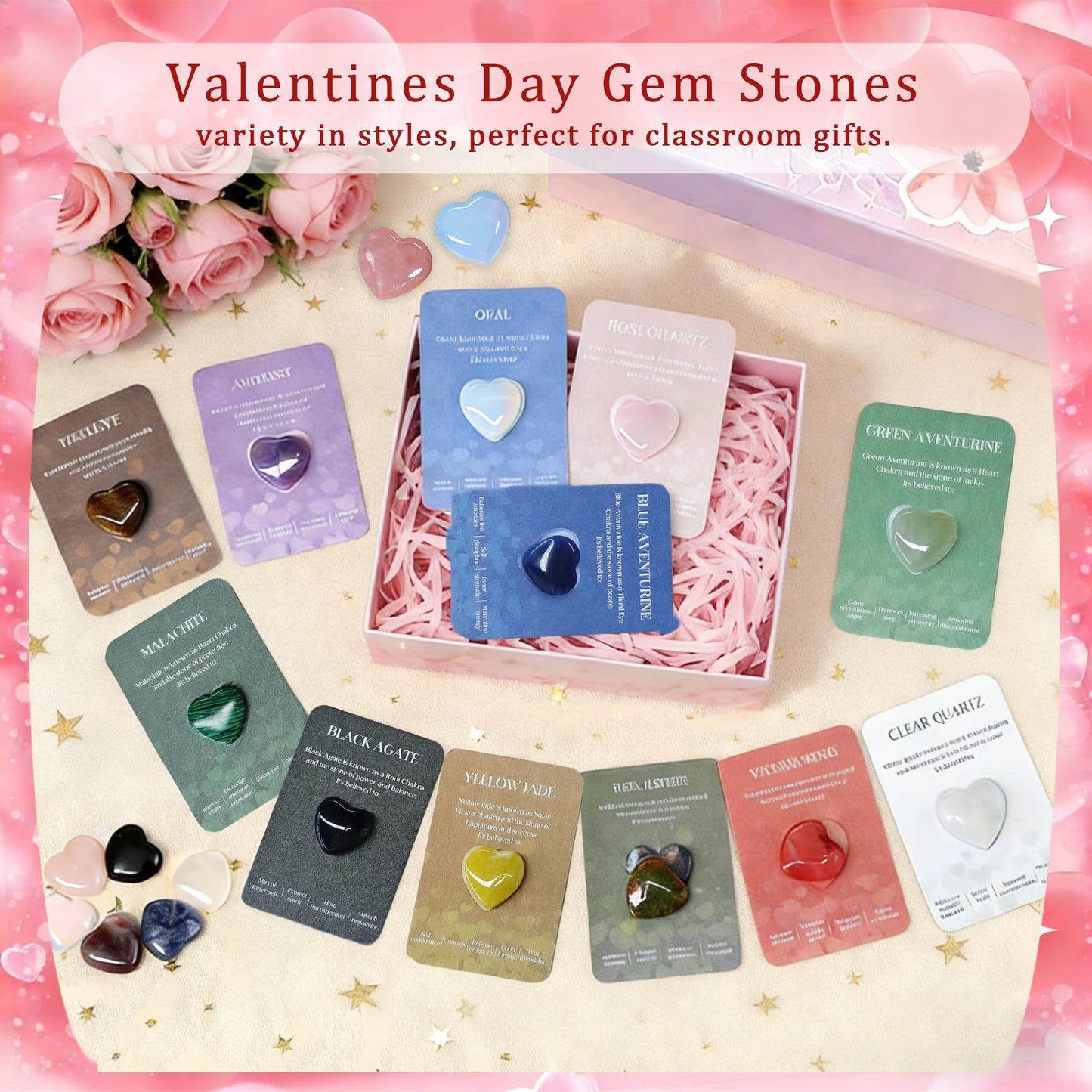 24 Packs Valentines Day Gifts for Kids,Crystals and Healing Stones with Heart Valentines Day Cards for Kids Classroom School Party Favors,Valentine Healing Crystals Rock Gift Exchange Bulk for Him Her