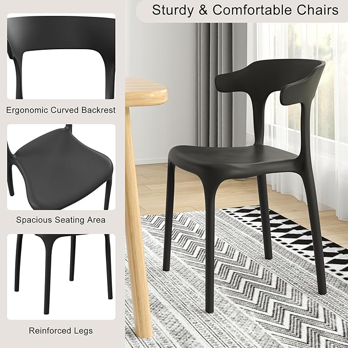 VECELO 4 Pack Plastic Stacking Chairs, Stackable Dining Chairs for Kitchen Restaurant Patio, Portable Indoor Outdoor Use, No Assembly Required, Black
