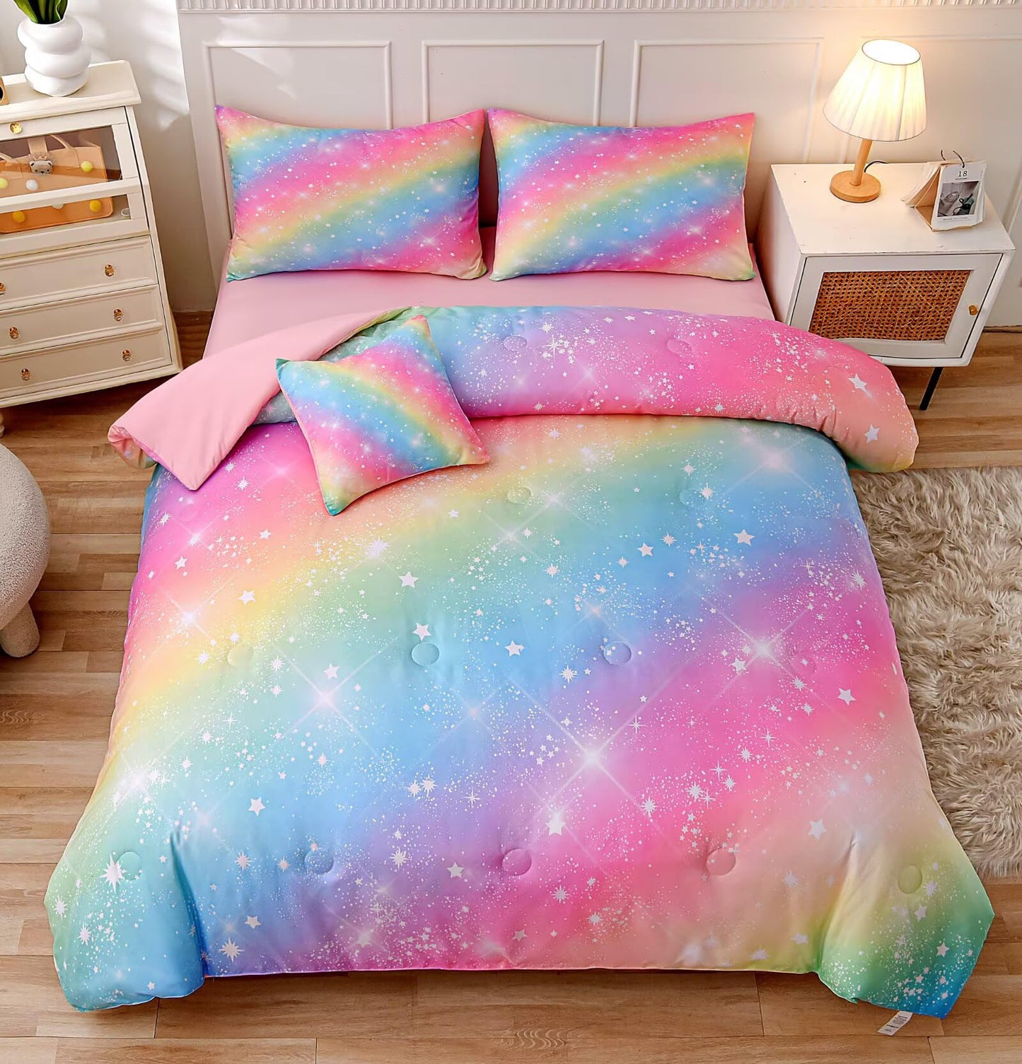 GRAT TIOC 6 Pieces Pink Twin Comforter Set for Girls,Kids Glitter Galaxy Rainbow Bedding Sets Bed in A Bag (1 Comforter, 1 Flat Sheet,1 Fitted Sheet,2 Pillowcases and 1 Cushion Cover)