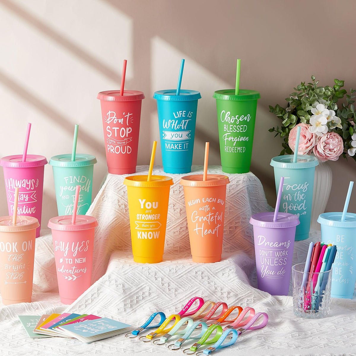 Hollowfly 12 Sets / 48 Pcs Inspirational Gifts Bulk for Employee Appreciation, 24 oz Plastic Cups and Pens Notebooks Keychains Set, Group Gifts for Office Staff Coworkers (Pastel)