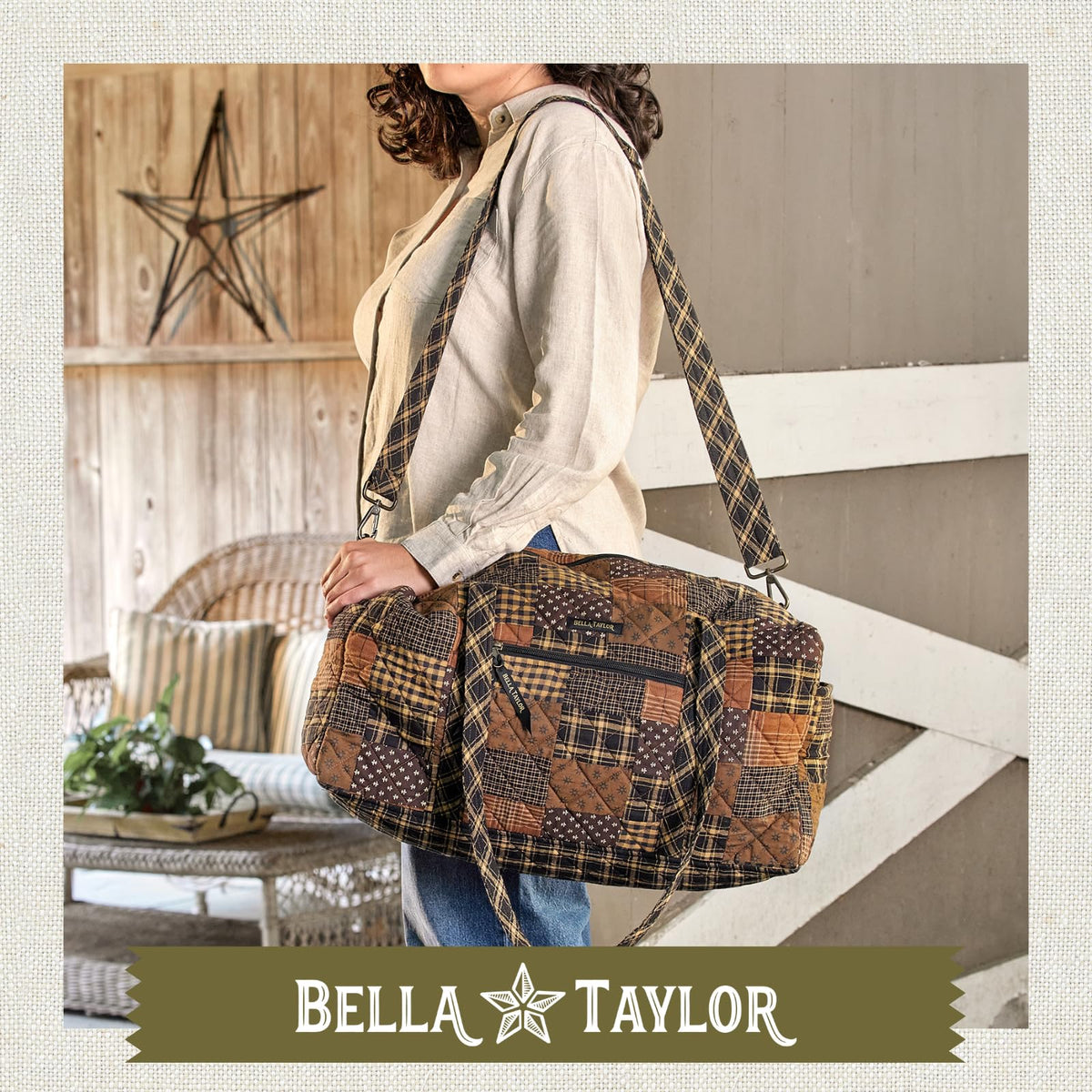 Bella Taylor Quilted Duffle Bag for Women, Large Carry On Travel Weekend Bag, Quilted Cotton Ironstone Black and Brown Patchwork