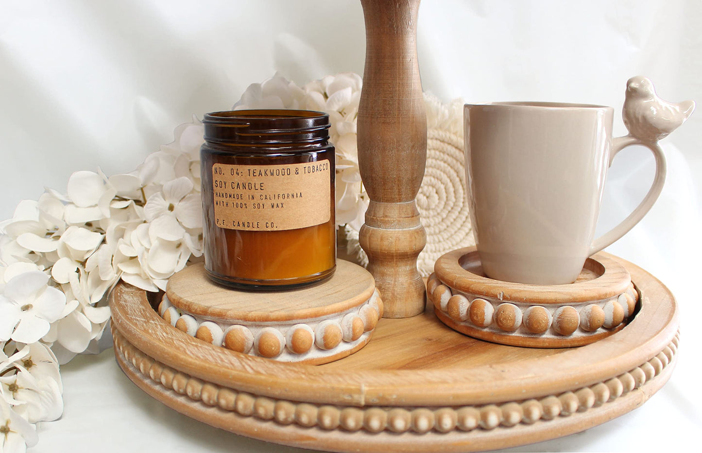 Candle Pedestal [Set of 2] Round Rustic Wood Beaded Risers - Sturdy 2-Sided Stackable Decor Pedestal Stands for Tiered Tray, Candle, Mug Display, Risers Display Stands (Rustic Brown, 5 inch)
