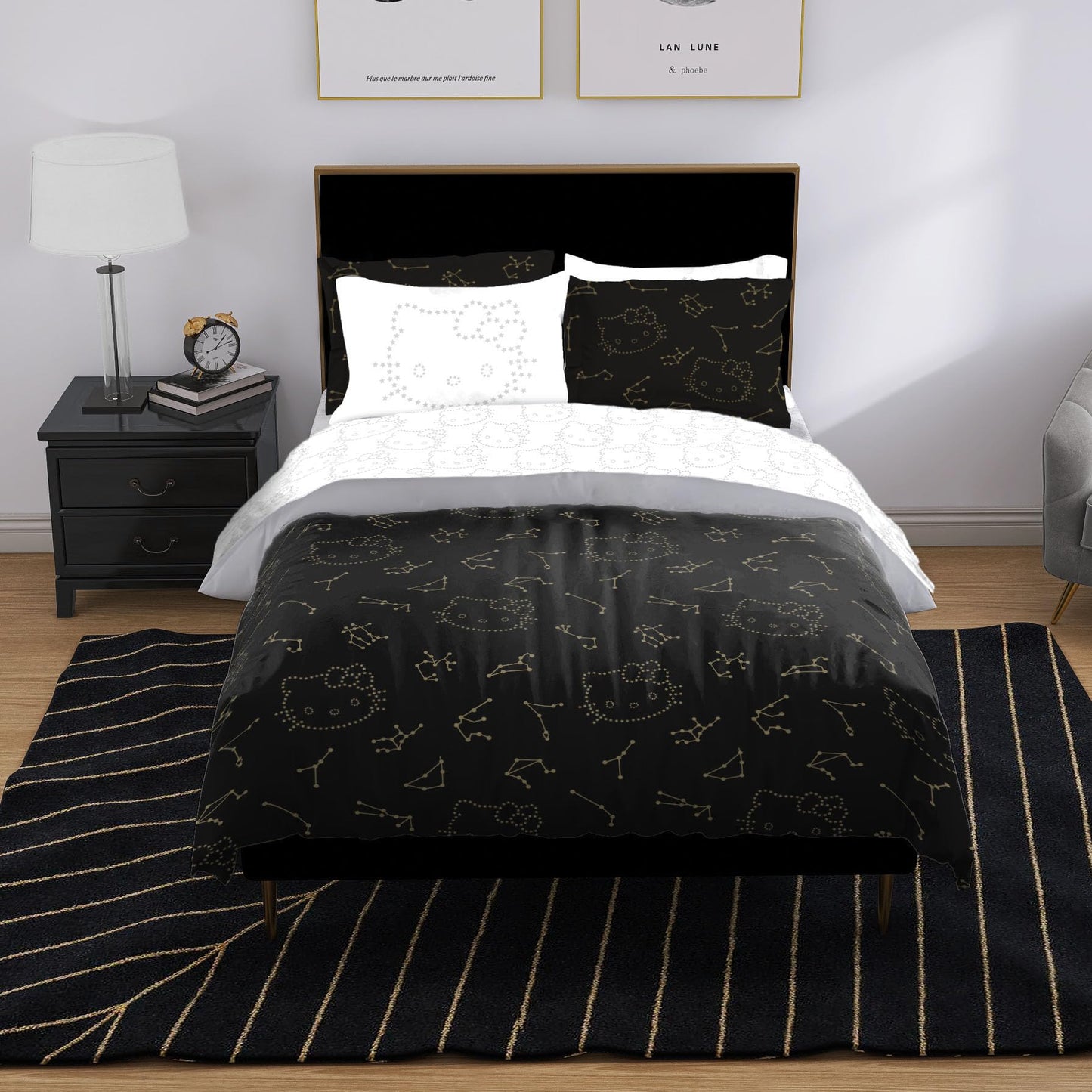 Jay Franco Hello Kitty Stars Twin Comforter Set - 5 Piece Bedding Includes Sheet Set & Pillow Covers - Super Soft Zodiac Black & Gold Bedding