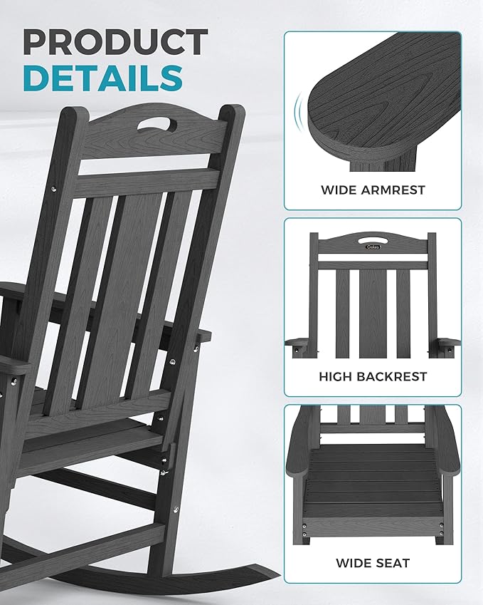 Ciokea Oversized Outdoor Rocking Chairs Set of 4, 380lbs Heavy-Duty Large Patio Rocker, High Back Cozy Porch Chairs, Weather Resistant Patio Rocking Chairs for Outside, Fire Pit, Deck, Dark Grey