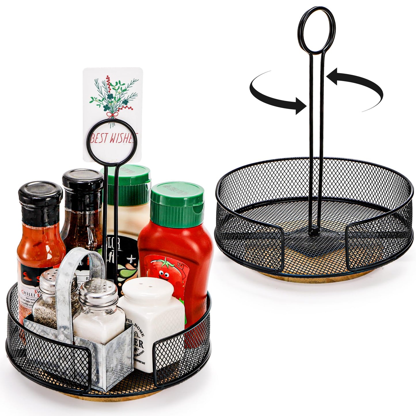 Yesland 2 Pack Metal Rotating Condiment Caddy with Number Card Holder, 7.75 Inch Round Caddy with Wooden Base, Black Coated Table Seasoning Organizer for Grill Outdoors, Dining Table, BBQ