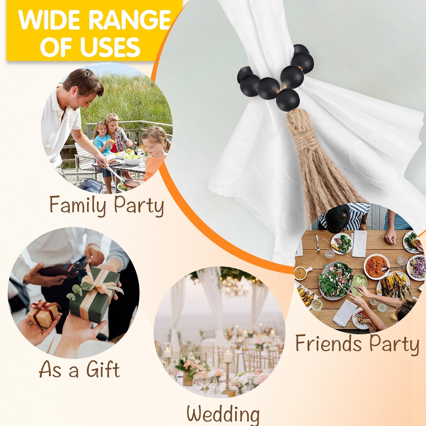 Meplait 6 Pieces Wooden Bead Napkin Rings - Farmhouse Stretchable With Tassel, Boho Style for Dining Table, Wedding Decoration (Black)