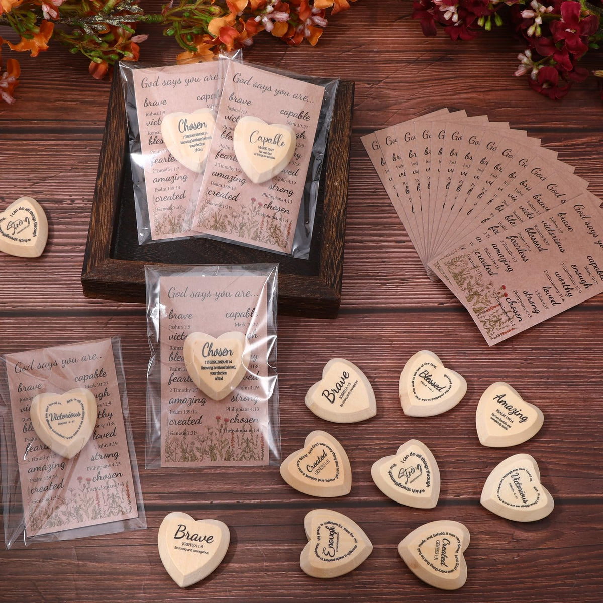 60 Set God Says You Are Inspirational Christian Gifts for Women Bulk, Religious Gifts Bulk Wooden Pocket Heart Token with Holy Encouragement Cards Prayer for Church Sunday School Women Coworker