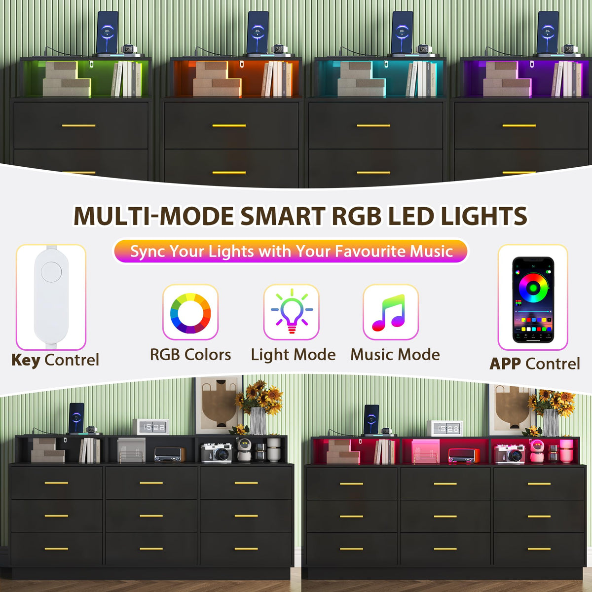 knoworld Black 9 Drawer Dressers for Bedroom, Modern Large Dresser with LED Light and Power Outlet, Wooden Long Dressers, Triple Dresser for Bedroom, Entryway, Hallway