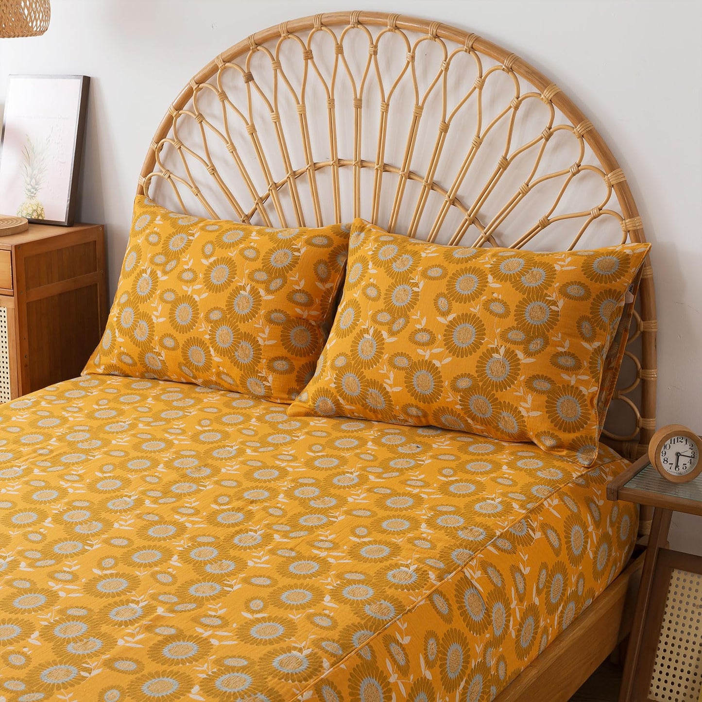 FADFAY Double Gauze 100% Cotton King Sheets Set Floral Bed Sheets Deep Pocket Fitted Sheet, Luxury Sunflower Pattern Shabby Vintage Countryside Style Bedding 4Pcs