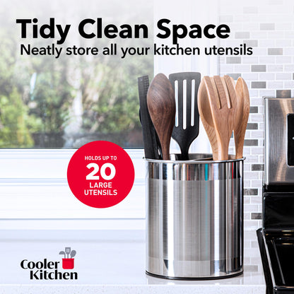 Cooler Kitchen Rotating Extra Large Stainless Steel Utensil Holder Caddy with Sturdy No-Tip Weighted Base, Removable Divider, and Gripped Insert Bottom -Dishwasher Safe Metal Cooking Utensil Holder