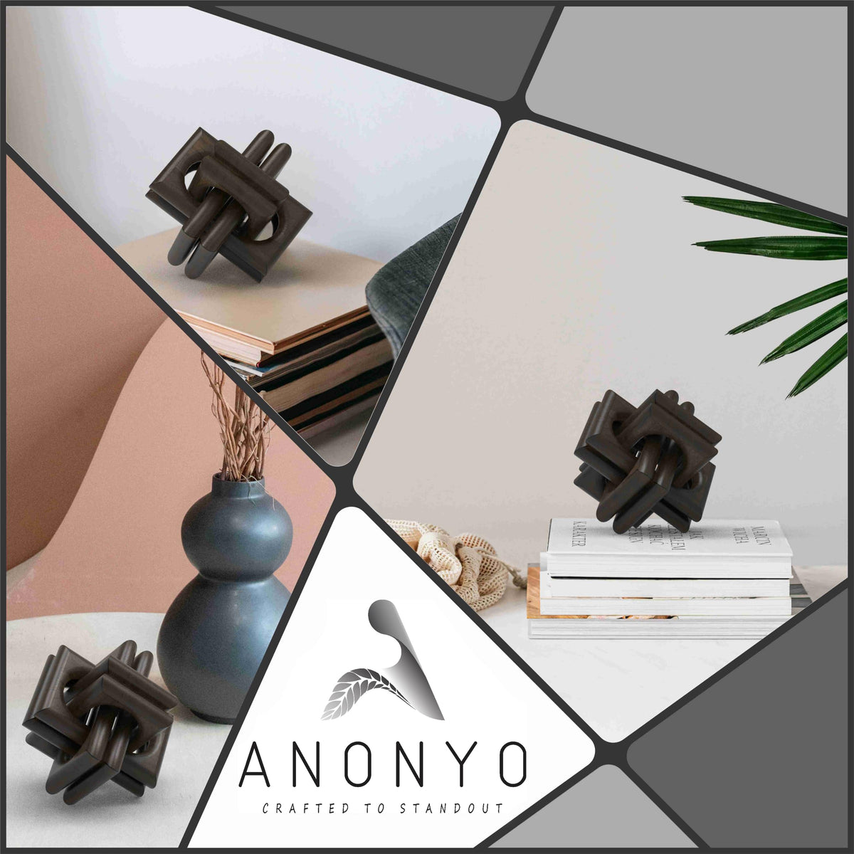 ANONYO Boho Wooden Chain Links Decorative Object for Coffee Table & Shelf | Handmade Mango Wood Knot Sculpture | Rustic Modern Arch Décor for Living Room, Entryway, Console,Office Home Accent (Black)