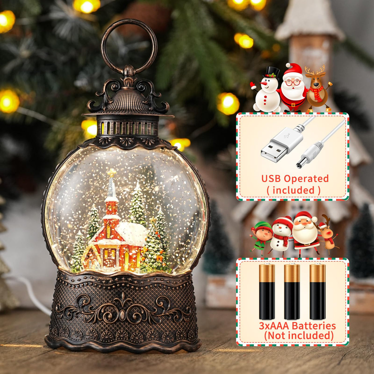 Snow Globe with Church, Light Up Christmas Snow Globes with Music Timer - USB Plug or Battery Operated Glitter Globe Indoor Christmas Decorations