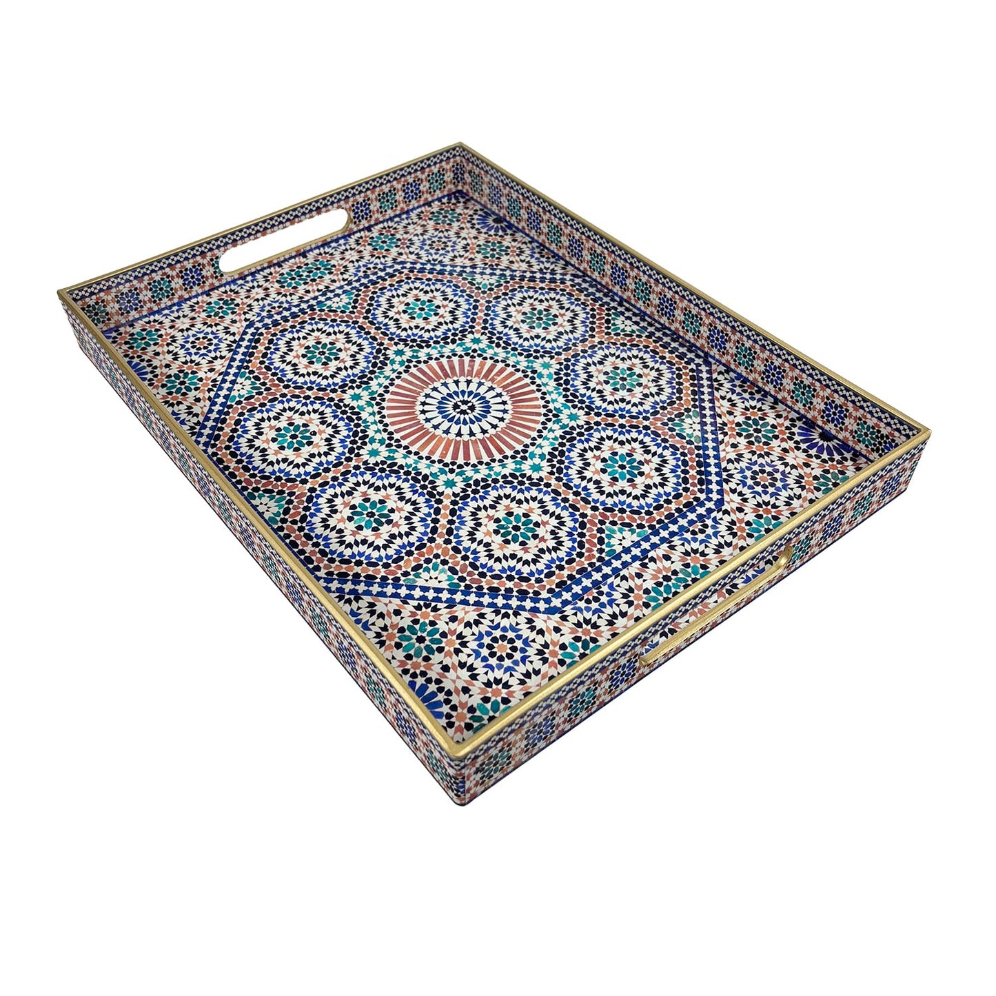 Plastic Coffee Trays,Serving Tray,Bohemian Blue Tray,15.7" L x 11.8" W x 1.57" H,Lightweight and Non-Slip with Handles,Perfect for Restaurants,Cafés,and Home Use(Rectangle Bohemian Blue)