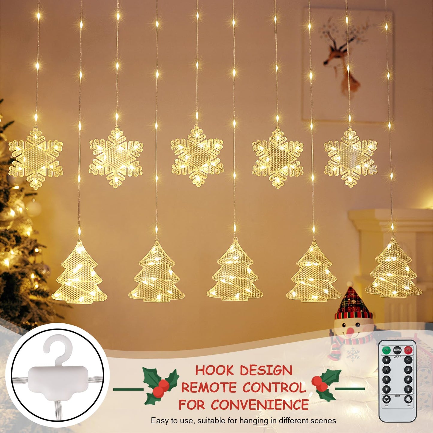 BLOOMWIN Christmas Window Lights Indoor - 2M 160 LED Christmas Window Decorations, Snowflake Curtain Hanging Fairy String Icicle Lights for Xmas Noel Bedroom Holiday Home Outdoor, Warm White USB