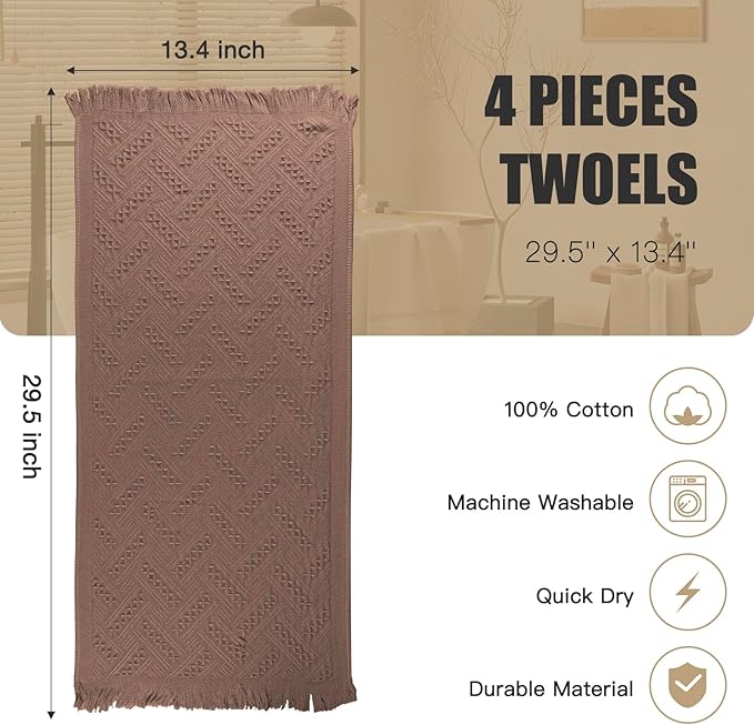 Boho Bathroom Decor Hand Towel 4 Pack 100% Turkish Cotton 14 x 30 Inch Boho