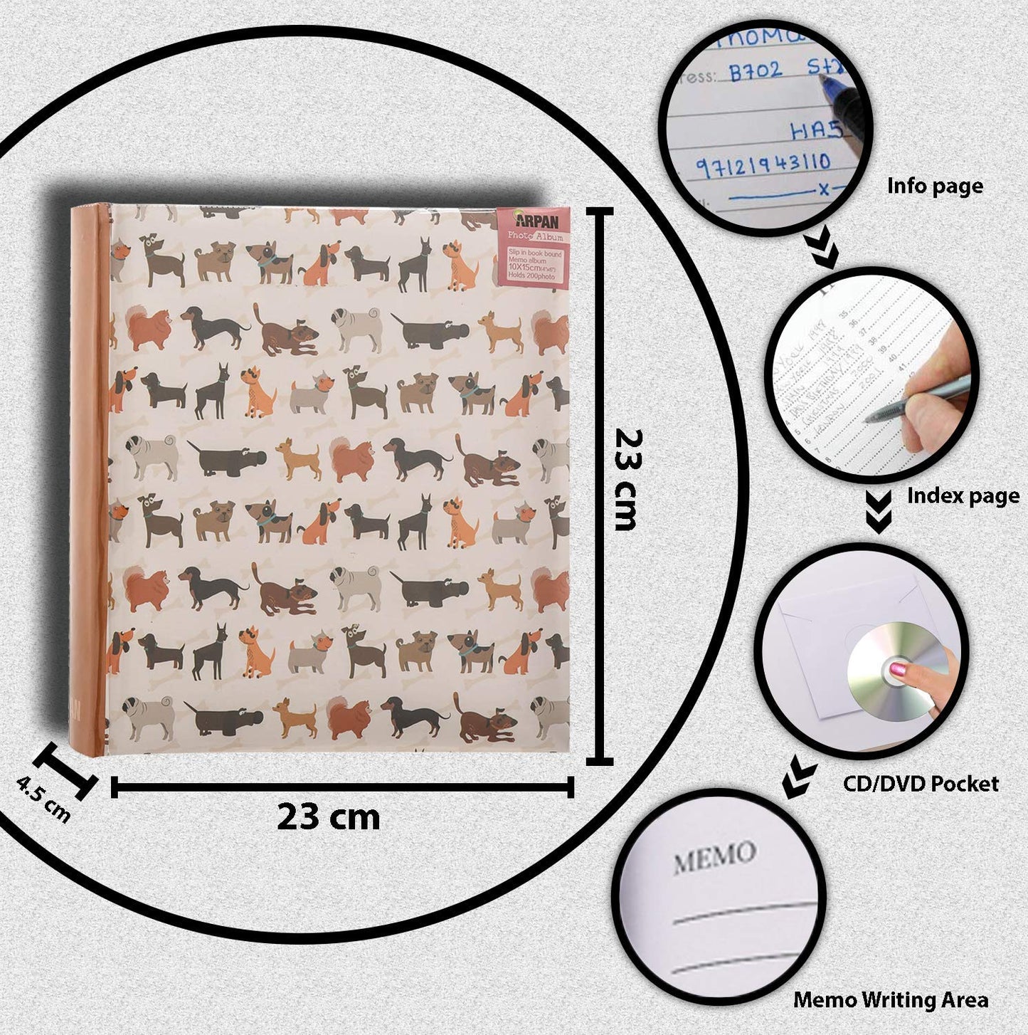 Arpan Cute Dog Photo Album Slip In Case Memo Album 6x4" for 200 Photos Scotty Dogs