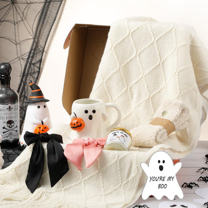 Mimorou Halloween Boo Basket Gifts for Adults Women Halloween Basket Stuffer with Ghost Mug Knitted Tassel Blanket Boo Scented Candle Gifts for Friends Women Family