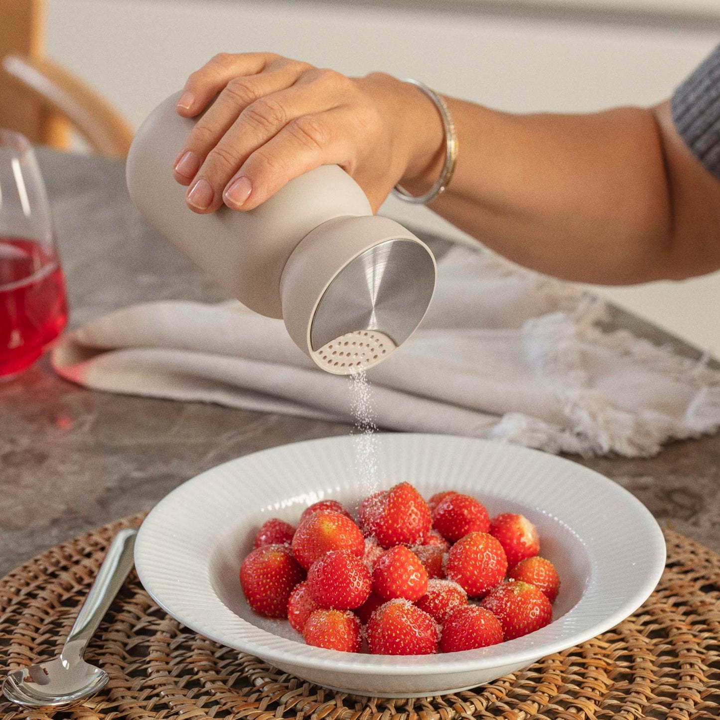 Eva Solo Sapor Shaker, Stainless Steel and Recycled Plastic, Sand, 0.39 lb, Cylindrical, 3-Setting Twist Top, Sugar Salt Herb Dispenser