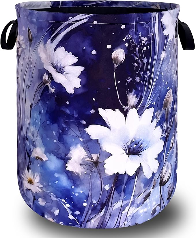 Blue Daisy Flower Laundry Basket Foldable Oxford Cloth Watercolor Floral