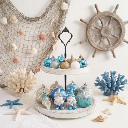 Valery Madelyn Summer Tree Ornaments, 30ct Teal Aqua Blue Shatterproof Beach Coastal Decor, Ocean Themed Christmas in July Tree Decorations, Hanging Gnome Seashell Conch Shell Coral for Tropical Party
