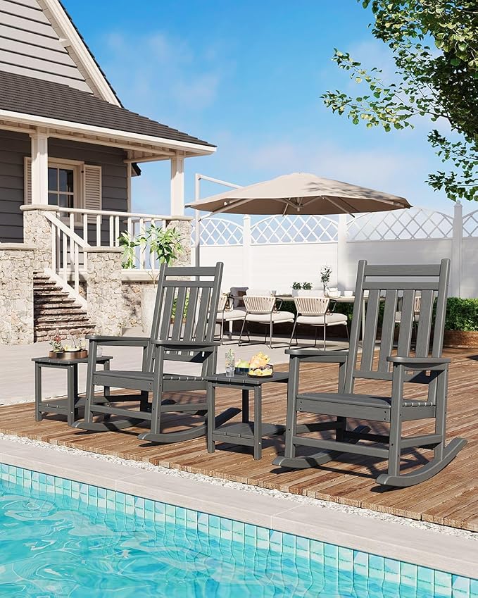 HDPE Rocking Chair Outdoor Set of 2 with Side Table - Poly High Back Porch Rocker Chairs for Adults - All Weather Resistant Furniture for Patio Front Porch - Gray