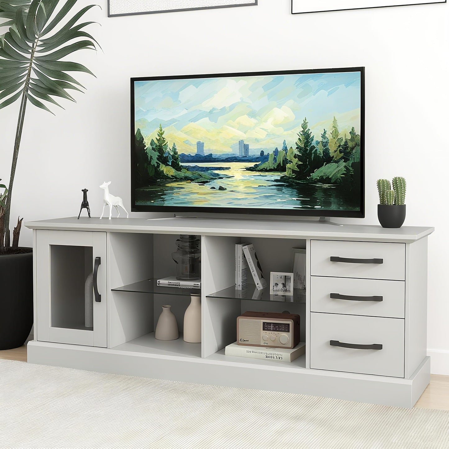 Giantex Farmhouse TV Stand for 73 Inch TV, Wood TV Console Table w/Removable Glass Shelves, Cable Management Holes & Drawers, Rustic Entertainment Center with Storage for Living Room, Bedroom, Grey