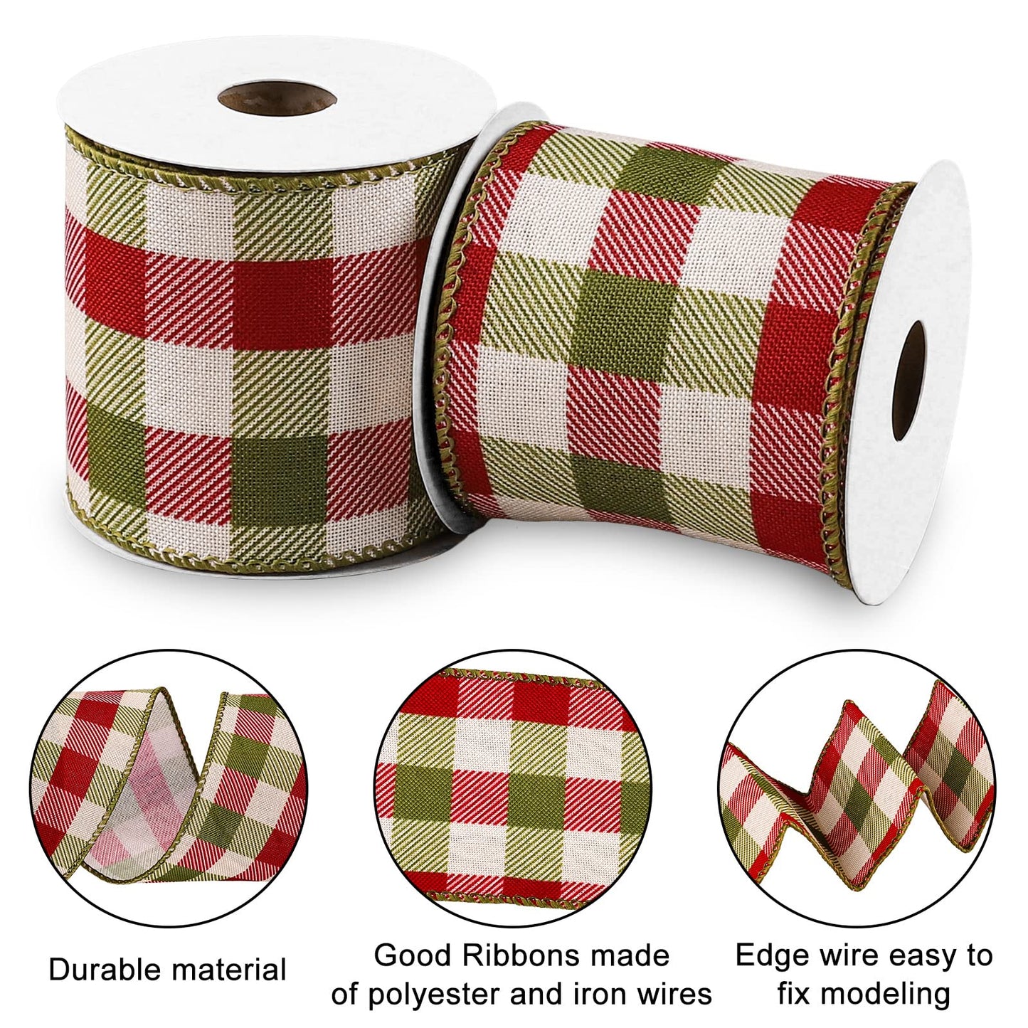 Whaline 2 Rolls Wired Edge Plaids Ribbon - Christmas Buffalo Check Red Green, 2.5 Inch Farmhouse Craft for DIY Gift Wrapping, Wreath, Xmas Tree Bow Decoration, 10 Yards