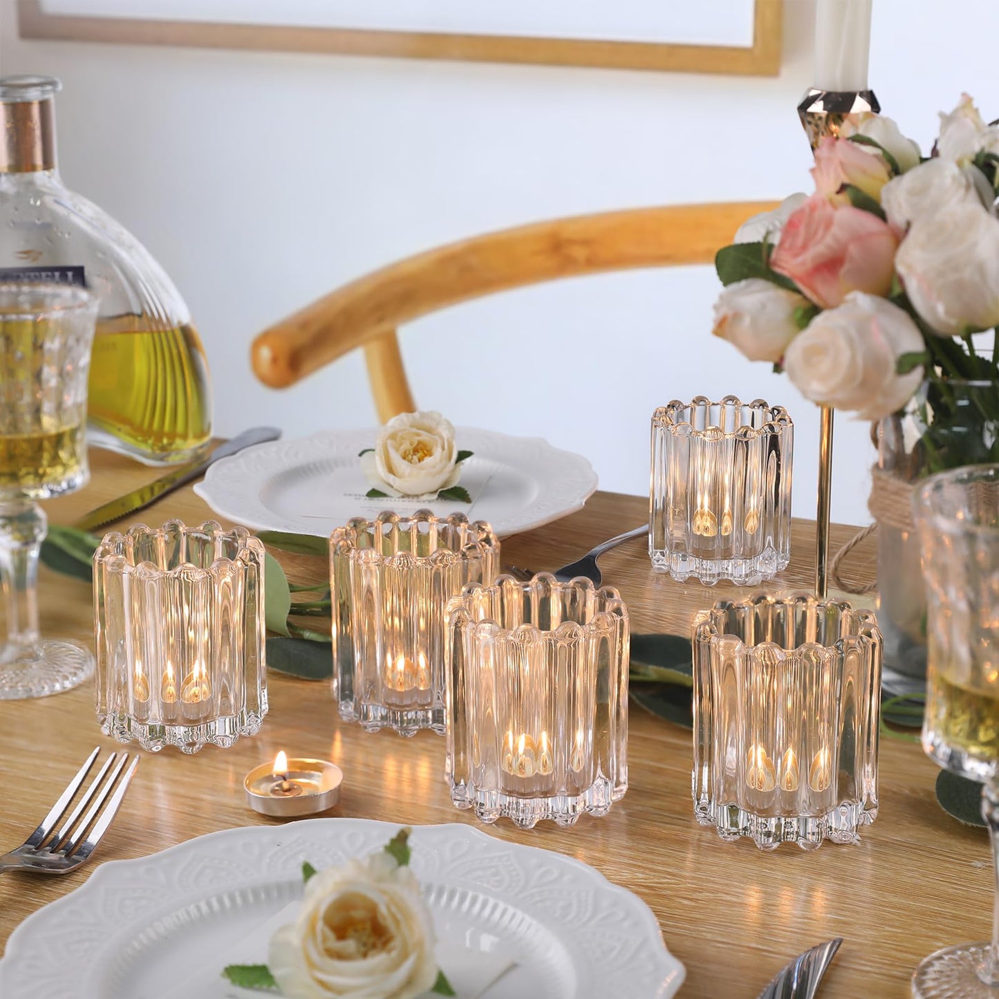 HAVITI Glass Clear Votive Candle Holder, Ribbed Votive Candle Holders Set of 6, Tealight Candle Holder for Wedding Centerpieces Dinner Party Table Decor