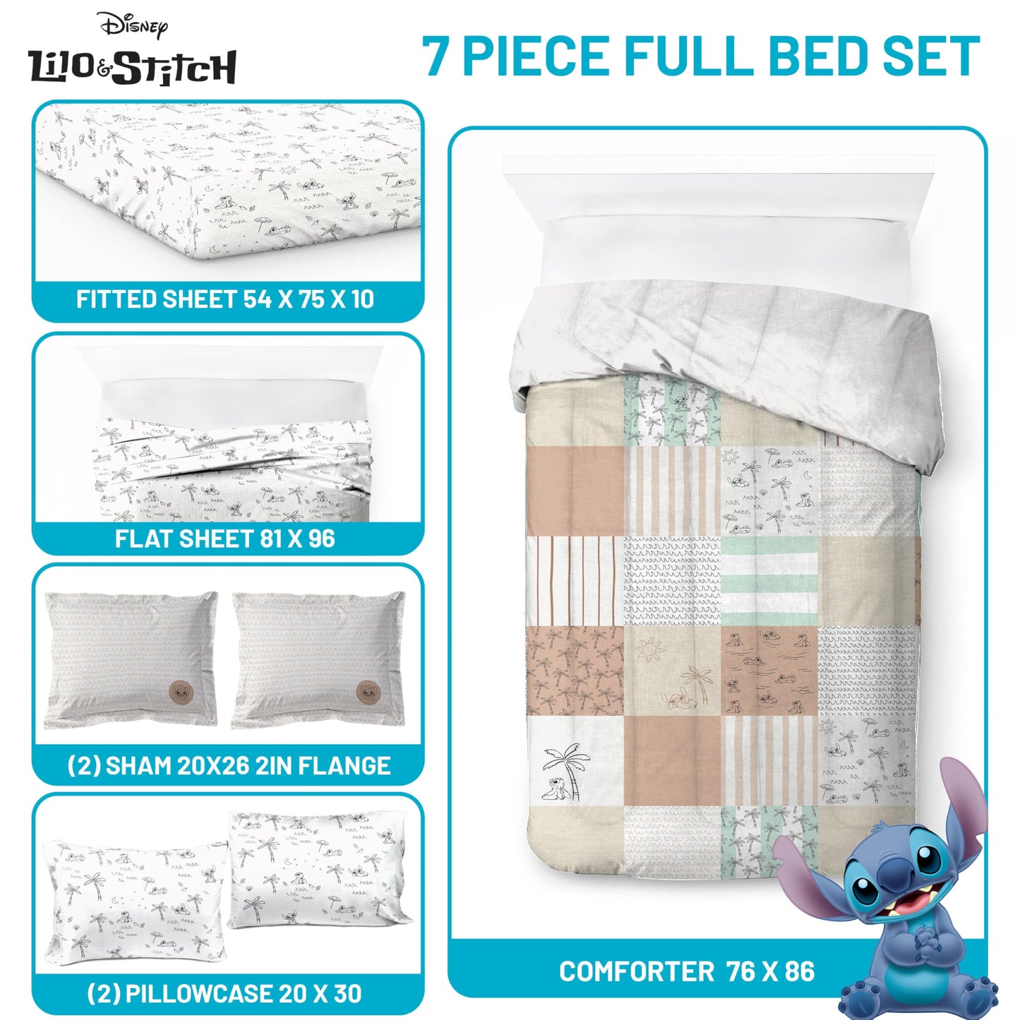 Jay Franco Kids Comforter Set Includes Sheets and Pillow Covers - Soft and Cozy Bed Set for Stylish Room Decor, Official Licensed Bedding, Multi - Lilo and Stitch, 7 Piece Full